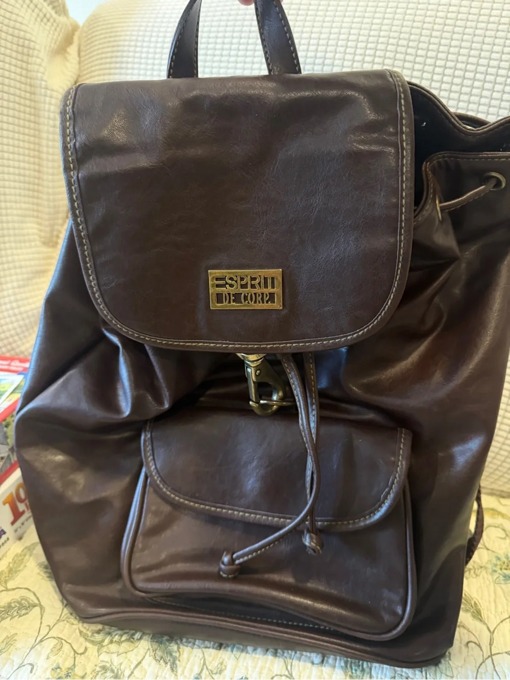 Esprit Dark Brown Leather-Effect Drawstring Backpack with Front Pocket